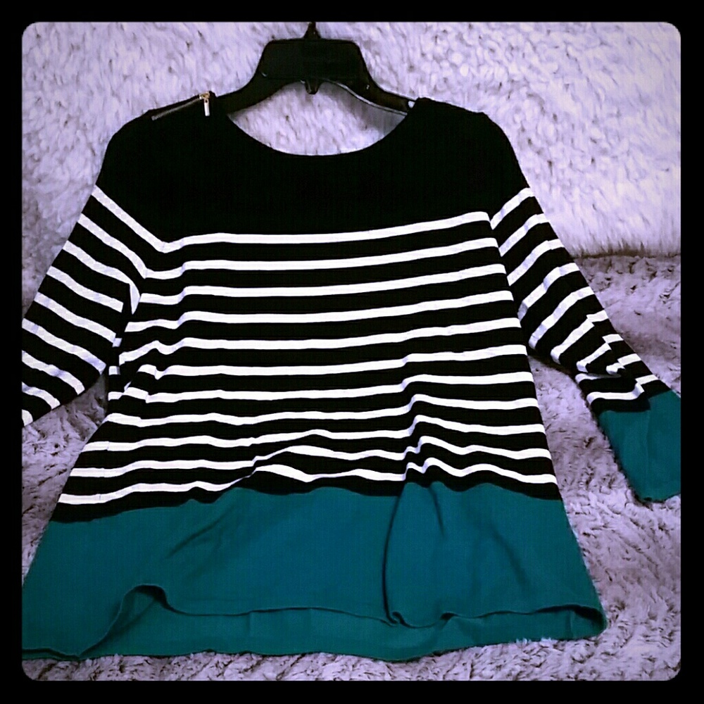 Black, white stripes with green bottom and zippers